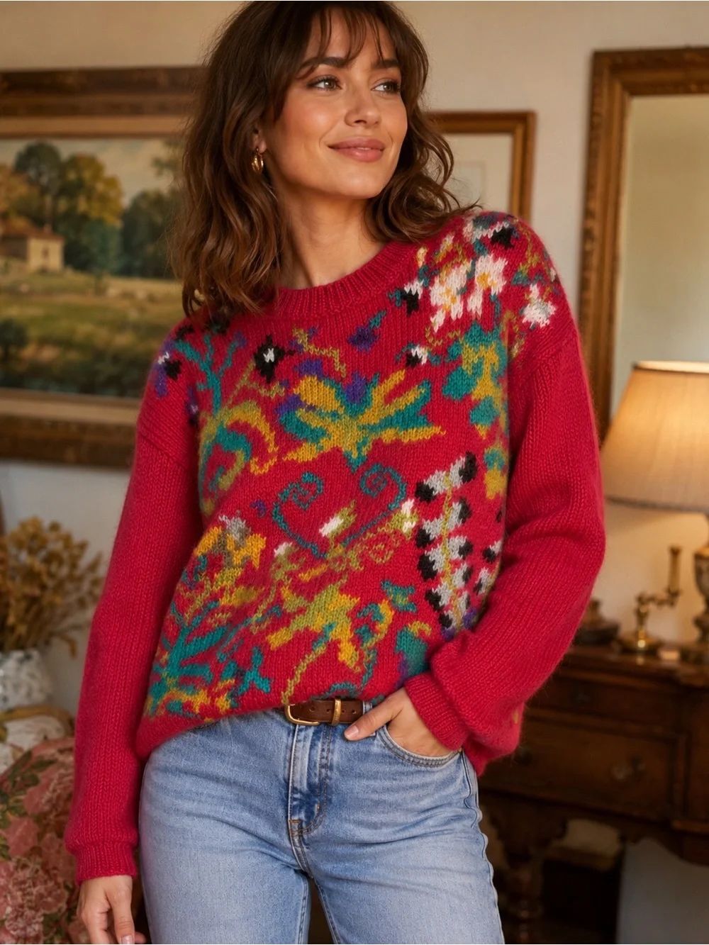 Dana Ashley Floral Mohair Blend Sweater Fuchsia Crewneck Vintage Women’s Large